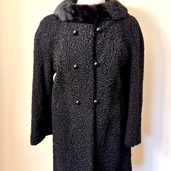VTG 50s/60s Winter Black Lambswool 3/4 Sleeve Jacket Coat Fur Collar Small/Med - Picture 1 of 5